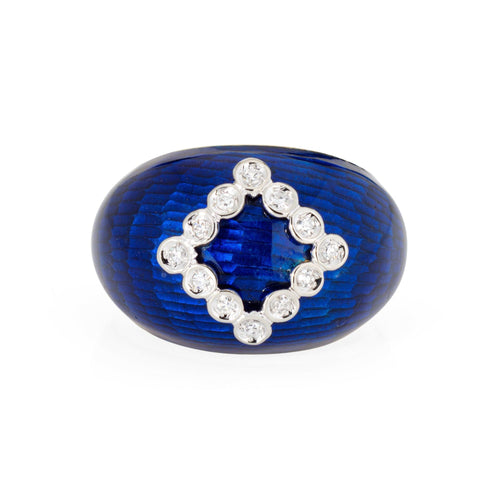 Bague Bague dôme vintage en or jaune 18k, émail bleu et diamants 58 Facettes G13650