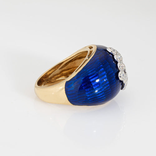 Bague Bague dôme vintage en or jaune 18k, émail bleu et diamants 58 Facettes G13650