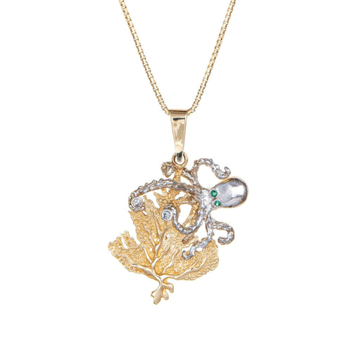 Collier Collier vintage pieuvre en or jaune et blanc 14 carats, diamants et émeraudes 58 Facettes G13665