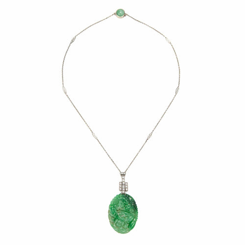 Collier Art déco - Collier fleurs en or blanc 14 ct et platine, jade et diamants 58 Facettes G13669