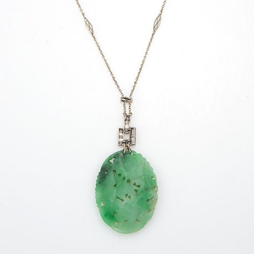 Collier Art déco - Collier fleurs en or blanc 14 ct et platine, jade et diamants 58 Facettes G13669