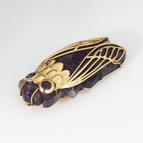 Pendentif Pendentif cigale vintage en or jaune 14k et améthyste sculptée 58 Facettes G13715