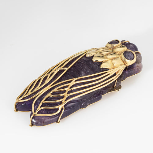 Pendentif Pendentif cigale vintage en or jaune 14k et améthyste sculptée 58 Facettes G13715