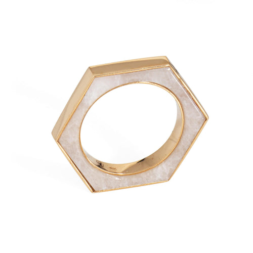 Bague 46 Bague hexagonale en or jaune 18 carats et onyx blanc 58 Facettes G13905