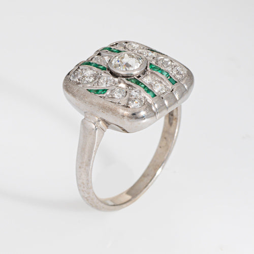 Bague 57 Art déco - Bague vintage en or blanc 14k, diamants et émeraudes 58 Facettes G13914
