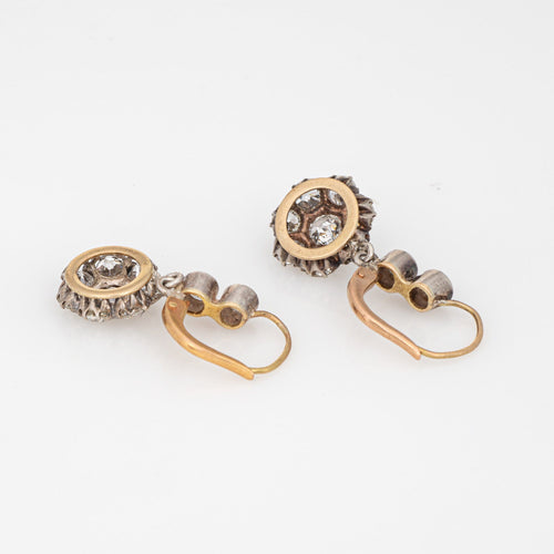 Boucles d'oreilles Boucles d'oreilles anciennes - Pendantes en or jaune 14k, argent et diamants 2,50 ct 58 Facettes G13932
