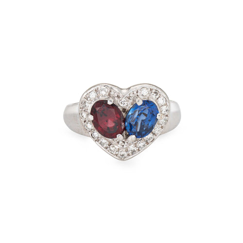 Bague Toi & Moi - Bague cœur en platine 900 avec diamants, saphir et grenat 58 Facettes G14133