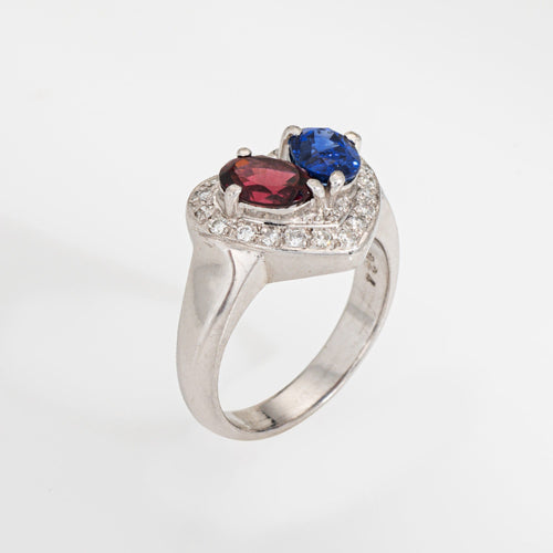 Bague Toi & Moi - Bague cœur en platine 900 avec diamants, saphir et grenat 58 Facettes G14133