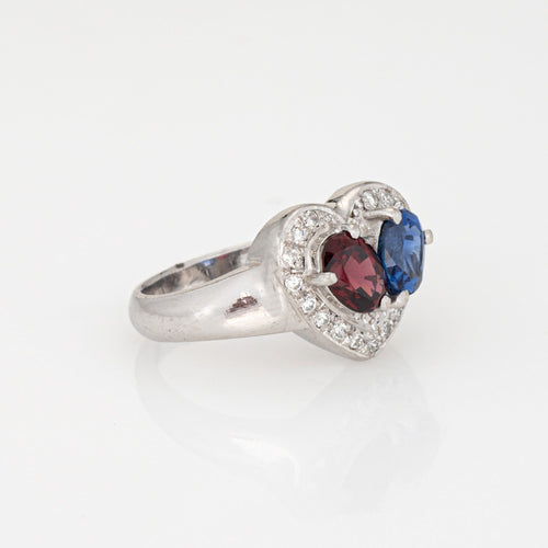 Bague Toi & Moi - Bague cœur en platine 900 avec diamants, saphir et grenat 58 Facettes G14133