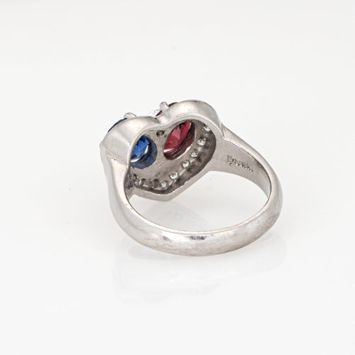 Bague Toi & Moi - Bague cœur en platine 900 avec diamants, saphir et grenat 58 Facettes G14133