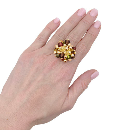 Bague 59 Pompon - Bague vintage en or jaune 750 et verre multicolore 58 Facettes 35188