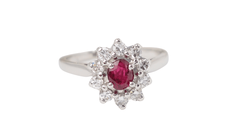 Bague 53 Bague marguerite en or blanc, rubis et diamants 58 Facettes 31286