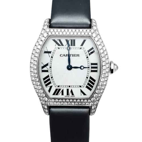 Montre Cartier Tortue - Montre en or blanc et diamants sur satin 58 Facettes 28025
