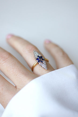 Bague 50 Bague marquise étoile en or jaune 18k et platine, saphirs et diamants 58 Facettes