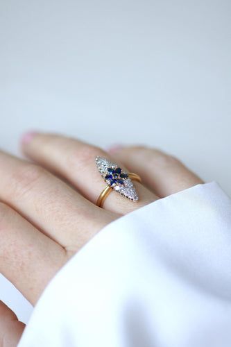 Bague 50 Bague marquise étoile en or jaune 18k et platine, saphirs et diamants 58 Facettes