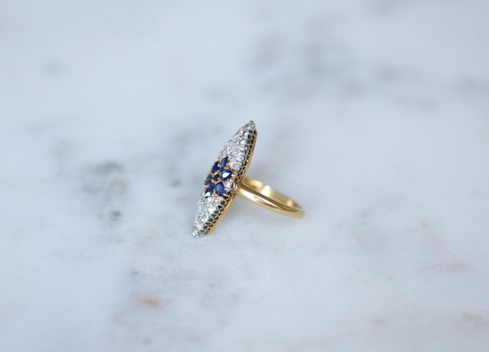 Bague 50 Bague marquise étoile en or jaune 18k et platine, saphirs et diamants 58 Facettes