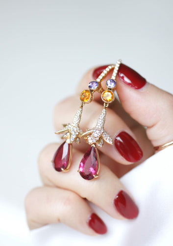 Boucles d'oreilles Lorenz Bäumer - Boucles d’oreilles pendantes en or jaune et diamants, saphirs, héliodores, rubellites 58 Facettes