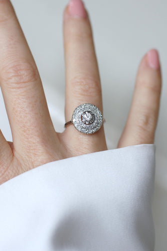 Bague 54 Bague cible Art déco double entourage en or blanc 18k, platine et diamants 58 Facettes
