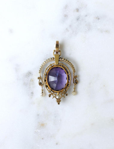 Pendentif Pendentif ancien en or jaune 18k, argent, améthyste, perles fines et diamants 58 Facettes