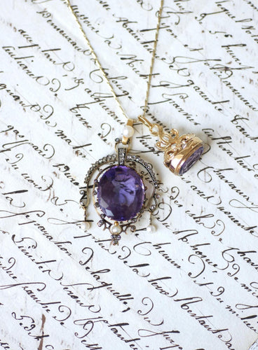 Pendentif Pendentif ancien en or jaune 18k, argent, améthyste, perles fines et diamants 58 Facettes