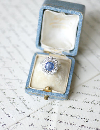 Bague 53 Bague - Bague de fiançailles marguerite en platine et saphir de Ceylan 58 Facettes