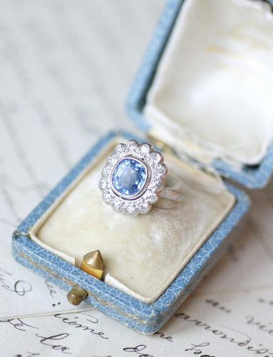 Bague 53 Bague - Bague de fiançailles marguerite en platine et saphir de Ceylan 58 Facettes