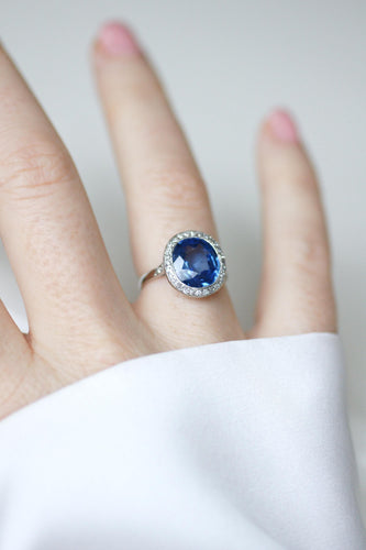 Bague 51 Bague Art déco en platine saphir de Ceylan non chauffé et diamants 58 Facettes