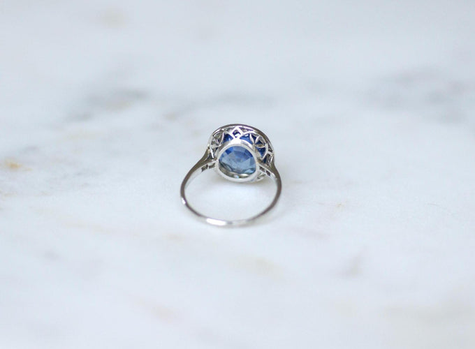 Bague 51 Bague Art déco en platine saphir de Ceylan non chauffé et diamants 58 Facettes