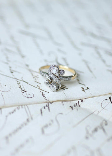 Bague 56.5 Bague Toi et Moi en or jaune 18k et platine, diamants 0,55 ct 58 Facettes