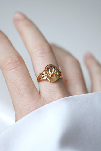 Bague 55 Bague ancienne chinoise pivotante en or jaune 21kt et émail 58 Facettes
