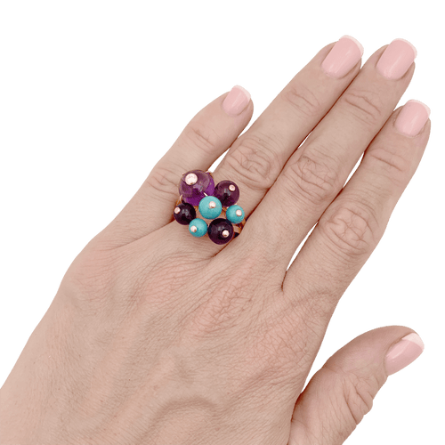 Bague 53 Cartier Délices de Goa - Bague en or rose avec diamant, turquoises et améthystes 58 Facettes 34811