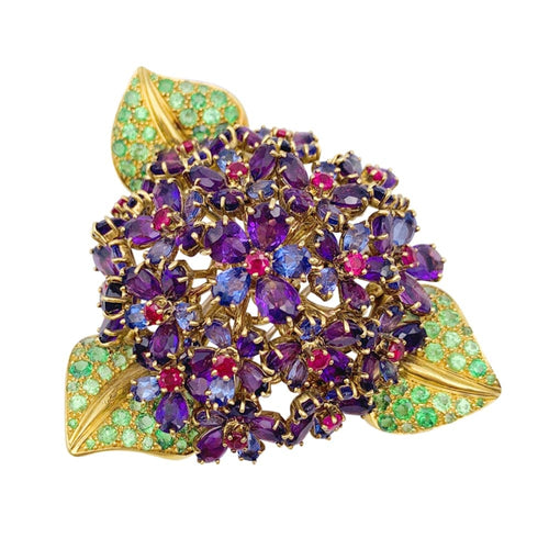 Boucles d'oreilles René Boivin « Bouquet de Violettes » - Clip en or jaune 750 et gemmes 58 Facettes 30363