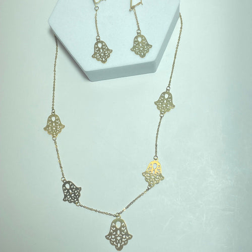 Boucles d'oreilles Ensemble collier et boucles d’oreilles Main de Fatma en or jaune 18 carats 58 Facettes