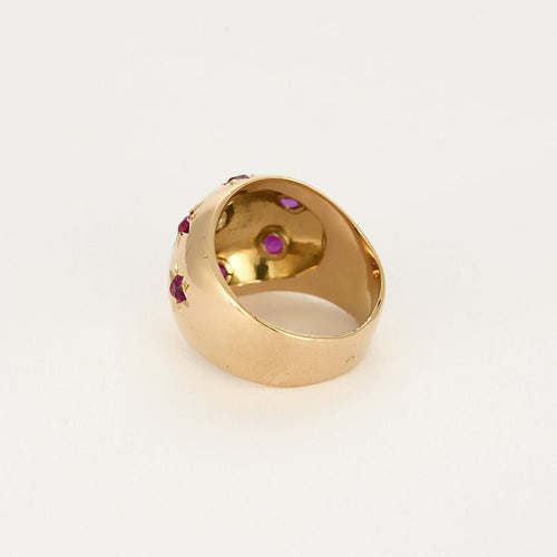 Bague dôme en or jaune, diamant et rubis de synthèse
