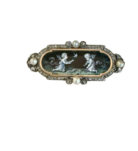Broche Broche en Or et Argent émaillée d'Angelots 58 Facettes
