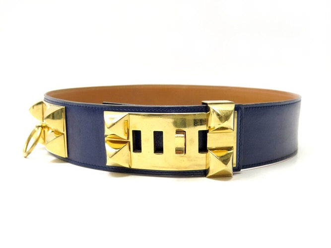 Collier ceinture HERMES medor collier de chien 70 cuir box bleu et metal dore 58 Facettes 266424