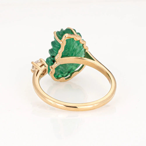 Bague 57 Bague en or jaune 18 carats avec feuille d'émeraude sculptée, taille 7,5, diamants, bijoux fins 58 Facettes G13658