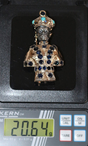 Broche Moretto Blackamoor broche or jaune 18k saphirs turquoises 58 Facettes 377