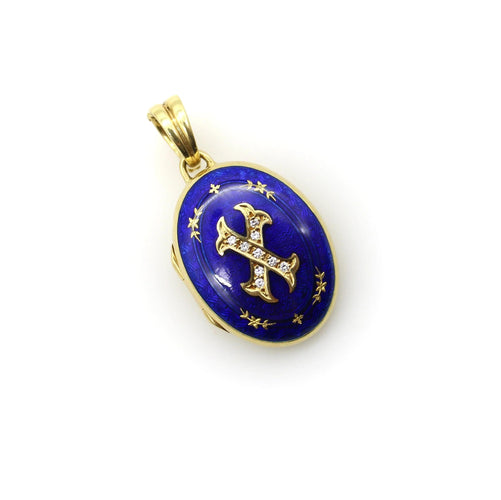 Pendentif Médaillon en émail guilloché diamant doré Fabergé 58 Facettes