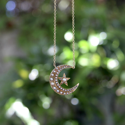 Collier Pendentif victorien en or 14 carats, croissant de lune et étoile, avec chaîne en or 9 carats 58 Facettes A2004I
