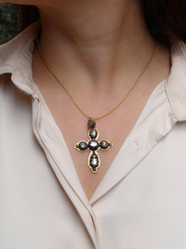 Pendentif Pendentif ancien croix or argent diamant table diamants taille rose 58 Facettes J335
