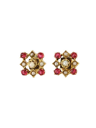 Boucles d'oreilles Boucles d'oreilles anciennes Napoleon III or jaune rubis perles 58 Facettes J537