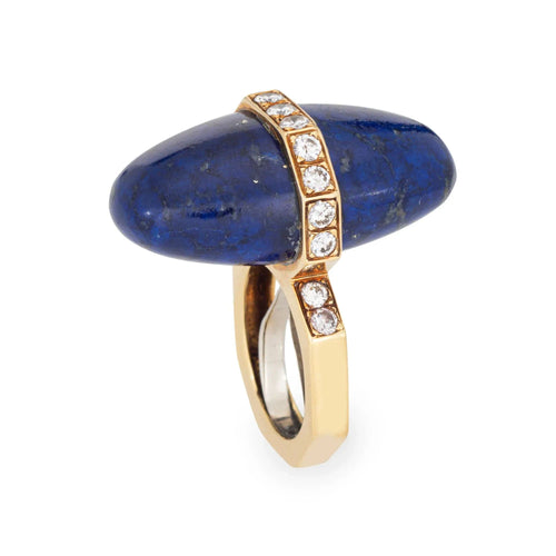 Bague Bague vintage en or jaune 18 carats avec diamants et lapis-lazuli, style abstrait, années 70, taille 5, bijoux de domaine 58 Facettes G13579