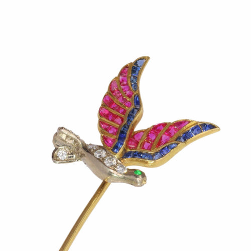 Broche Pince à cravate vintage d'inspiration Art déco représentant un oiseau volant avec des pierres précieuses multicolores 58 Facettes 24204-0272