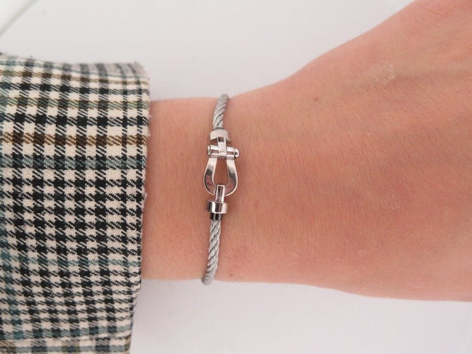 Bracelet bracelet FRED force 10 mm manille en or blanc cable acier t14 58 Facettes 260312