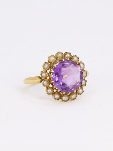Bague 52 Bague marguerite ancienne or jaune amethyste perles fines 58 Facettes 1102.6
