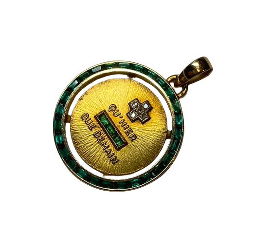 Pendentif MEDAILLE A. AUGIS OR 18K DIAMANTS EMERAUDES + QU'HIER - QUE DEMAIN 58 Facettes
