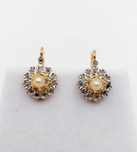 Dormeuses marguerite antique or 18k perle et diamants taille roses (circa 1900)
