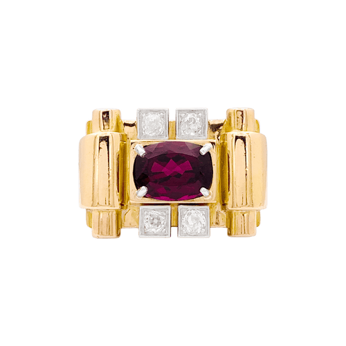 Bague 54 Bague "tank", deux tons d'or, grenat et diamants. 58 Facettes 34577