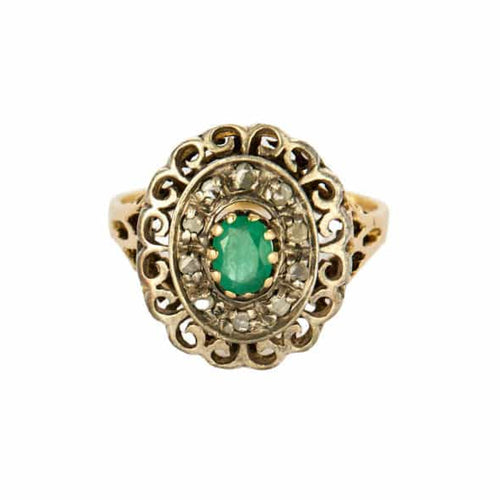 Bague 54 Bague or jaune et argent, centrée d'une émeraude 58 Facettes SMA1115